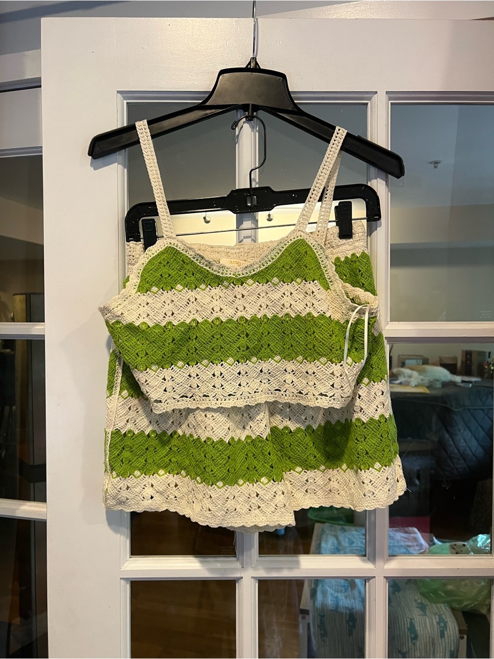 Rebellion Greene and Cream Crochet Striped Camisole and shorts